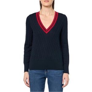 Tommy Hilfiger Navy V-Neck Sweater with Red Accents